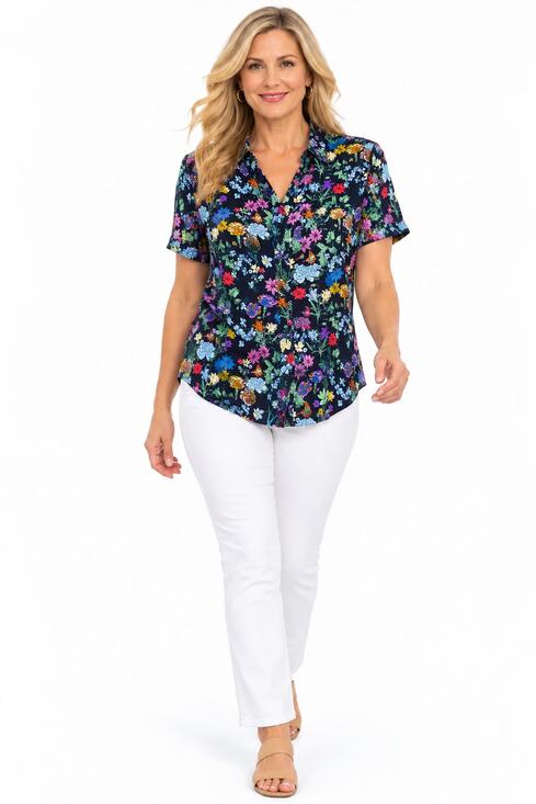 Empyre Tops - E250 Empyre Medium Black Multicolor Floral Short Sleeve Button Front Shirt